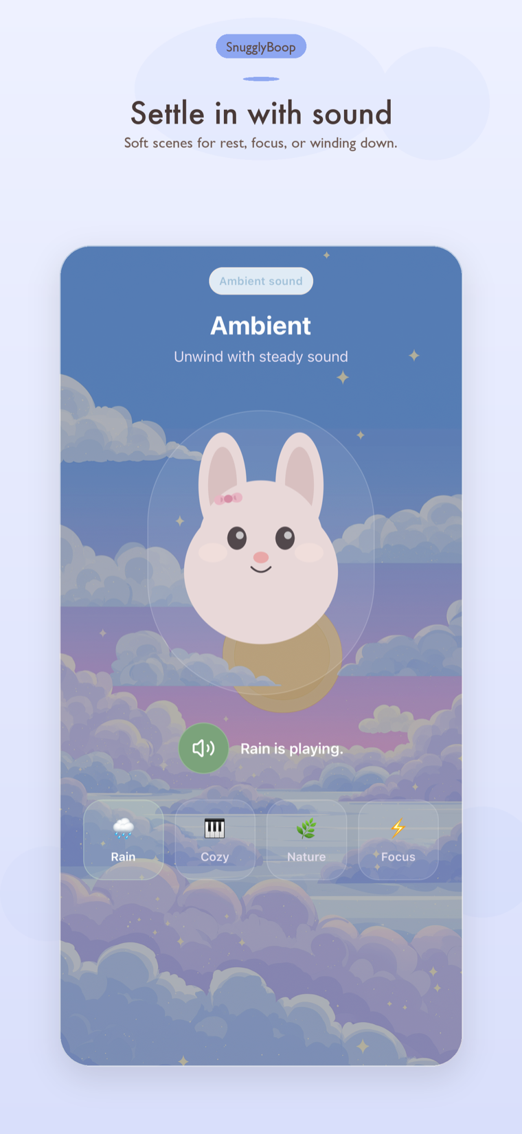 Snugglyboop ambient sound screen with calm cloud scene