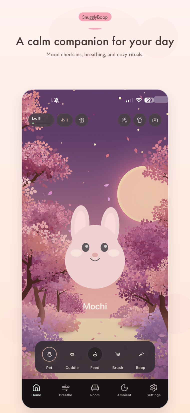 Snugglyboop home screen with Mochi in a cherry blossom scene