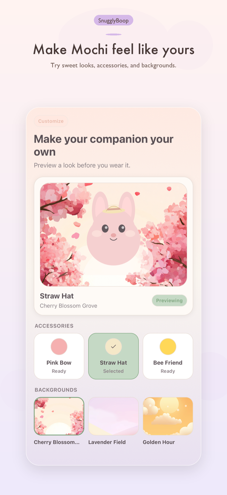 Customization screen with accessories and backgrounds